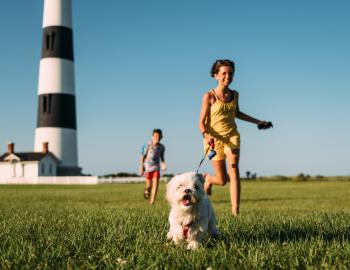 Siblings running with a Maltese Dog