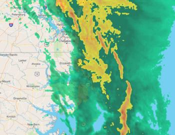 Radar at 7:00 p.m. showing coastal storm beginning to leave the Outer Banks.