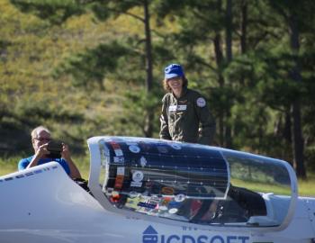 Mack Rutherford as he attempts to circumnavigate the world after landing at First Flight Airport.