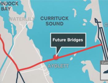 A NCDOT map showing the route of the Mid Currituck Bridge.