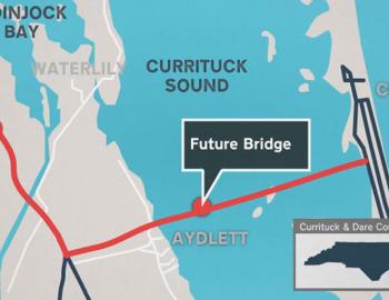 Map showing route of the Mid Currituck Bridge connecting mainland with the Outer Banks.