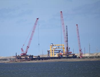 Looking north at the Jug Handle Bridge under construction winter 2020.