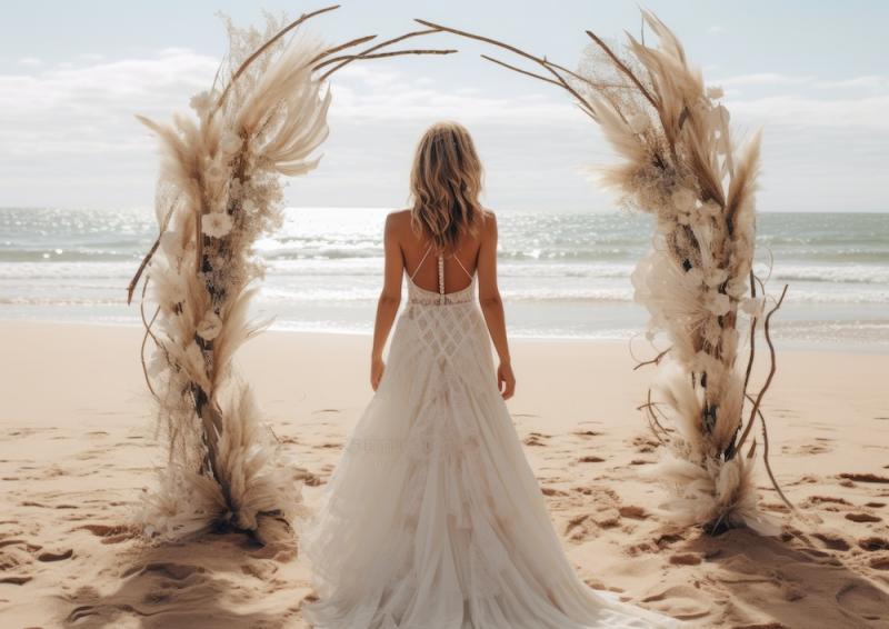 bride on beach at hooped altar 