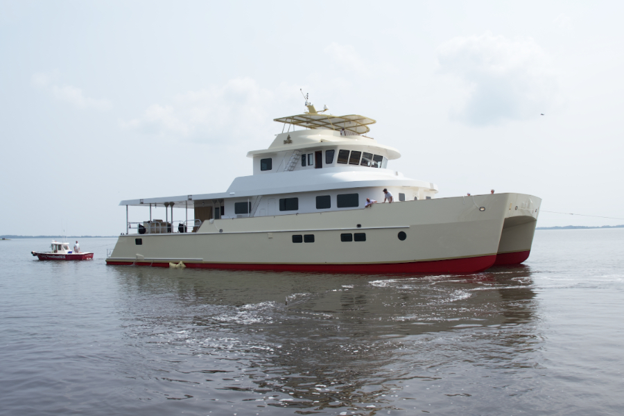 110' Catamaran takes to the water after being launched