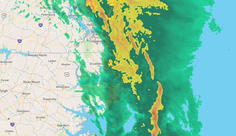 Radar at 7:00 p.m. showing coastal storm beginning to leave the Outer Banks.