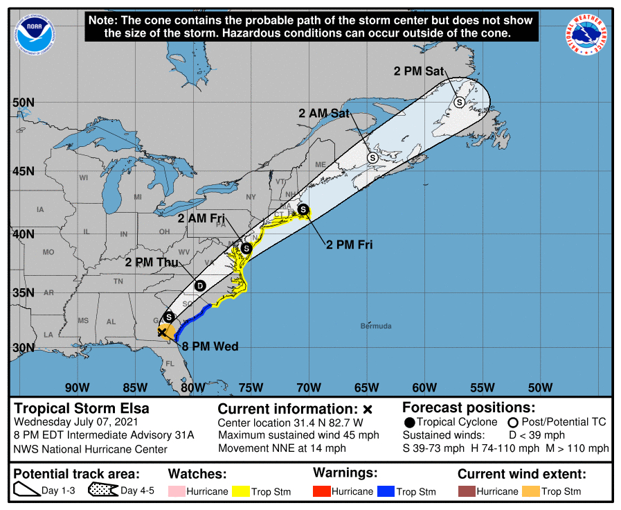 National Hurricane Service Tropical Storm Elsa storm track 5:00 p.m. July 7.