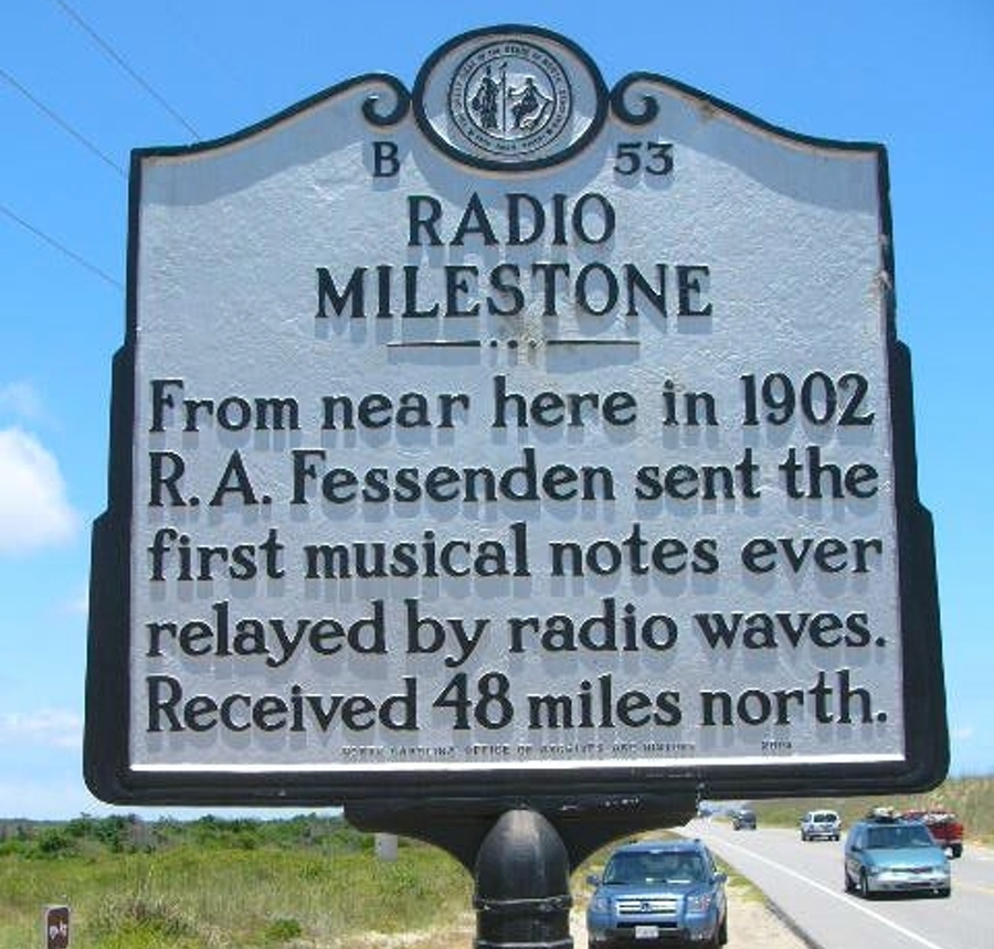 Sign telling the story of Reginald Fessenden's wireless radio signal.