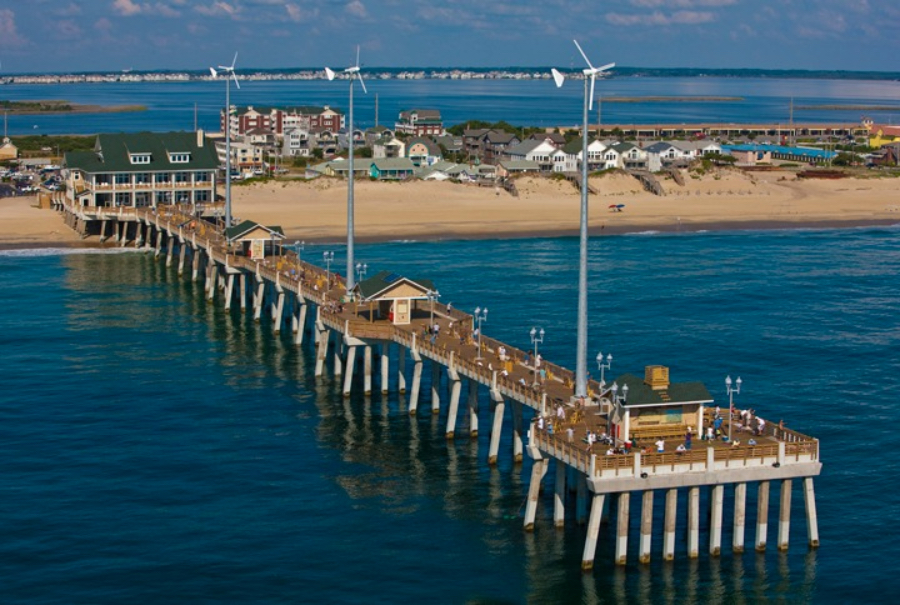 Jennette's Pier before Hurricane Dorian when the three wind turbines were intact.