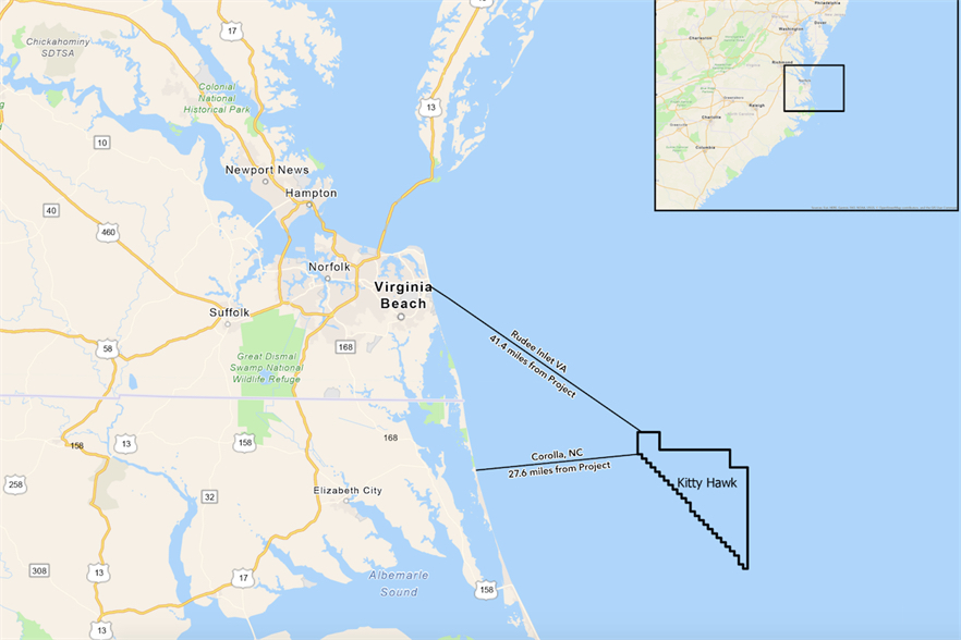 The Kitty Hawk Wind Energy Area is 122,405 acres. 27 miles offshore, the turbines will be barely visible if at all.