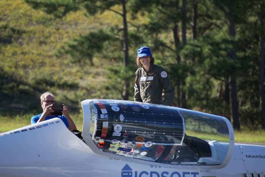 Mack Rutherford as he attempts to circumnavigate the world after landing at First Flight Airport.