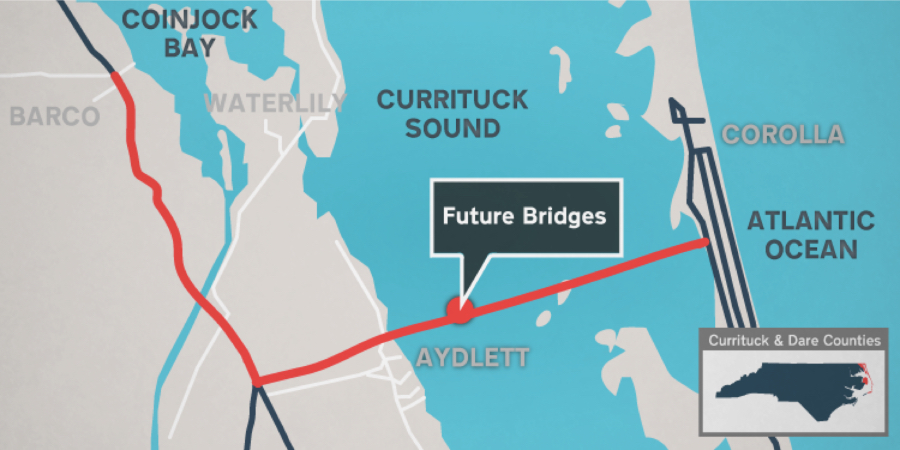 A NCDOT map showing the route of the Mid Currituck Bridge.