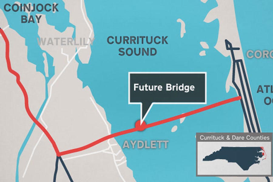 Map showing route of the Mid Currituck Bridge connecting mainland with the Outer Banks.