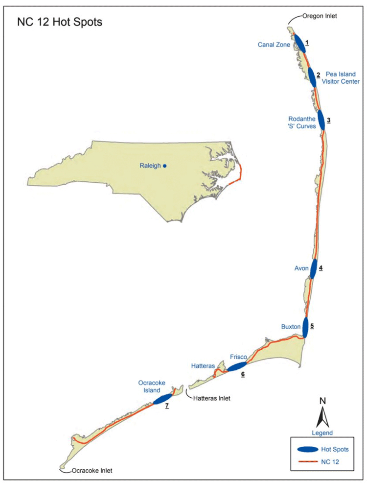 Map showing NC12 hotspots on Hatteras Island and Ocracoke.