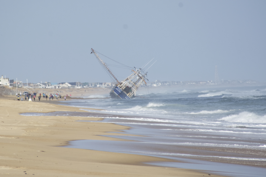 The Bald Eagle II hard ashore and in the surf at Southern Shores.