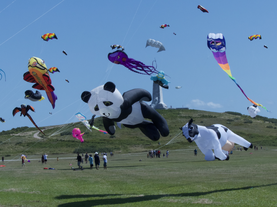 Kites flying at the Wright Brothers Memorial during Wright Kite Festival.