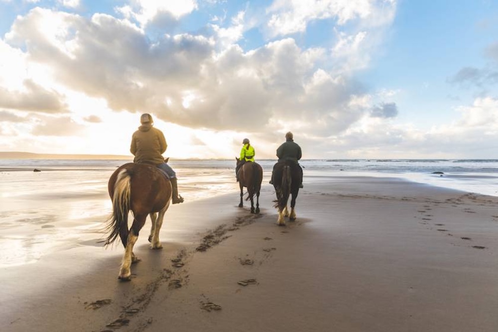family riding horses on beach