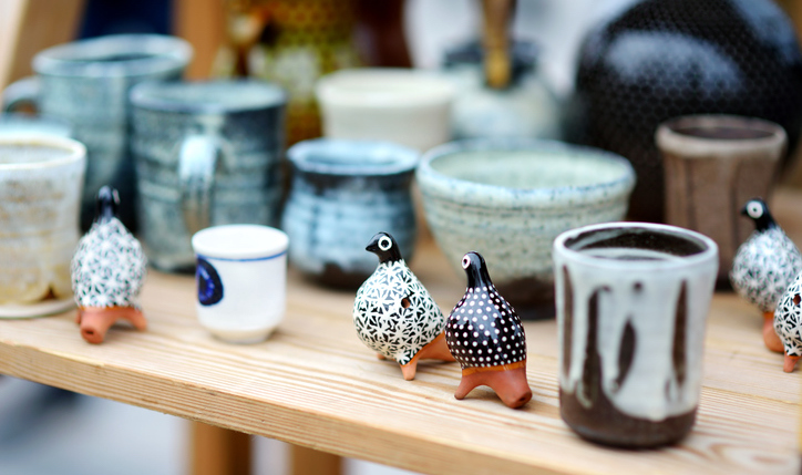 pottery at the art festival lined up on display